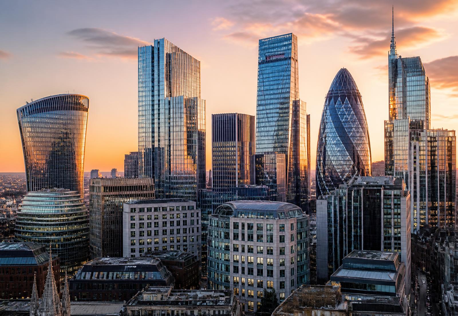 City financial district at sunset